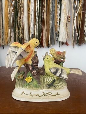 Decorative Yellow & Green Ceramic Bird Figurine Trio  perched on branch